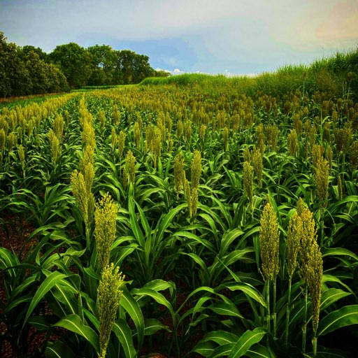 RWWP-Hybrid-Grain-Sorghum-Blend-Pilot-Program - Ideal Land Management | Forestry mowing & mulching, food plots, hunting blinds Wide field of sorghum plants with yellow seed heads, bordered by trees under a sunny blue sky.