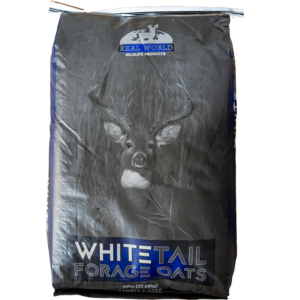 Real-World-Forage-Oats-seed-Front - Ideal Land Management | Forestry mowing & mulching, food plots, hunting blinds Bag of White Tail Forage Oats with a deer illustration and Real World Wildlife Products logo on a dark package.