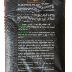 Black bag labeled Soil Charge from Real World Wildlife Products, with usage and planting instructions printed on the front.