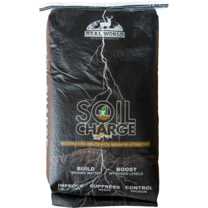 SoilChargeFront - Ideal Land Management | Forestry mowing & mulching, food plots, hunting blinds Bag of Soil Charge soil amendment with Real World Wildlife Products branding and a white lightning bolt design.