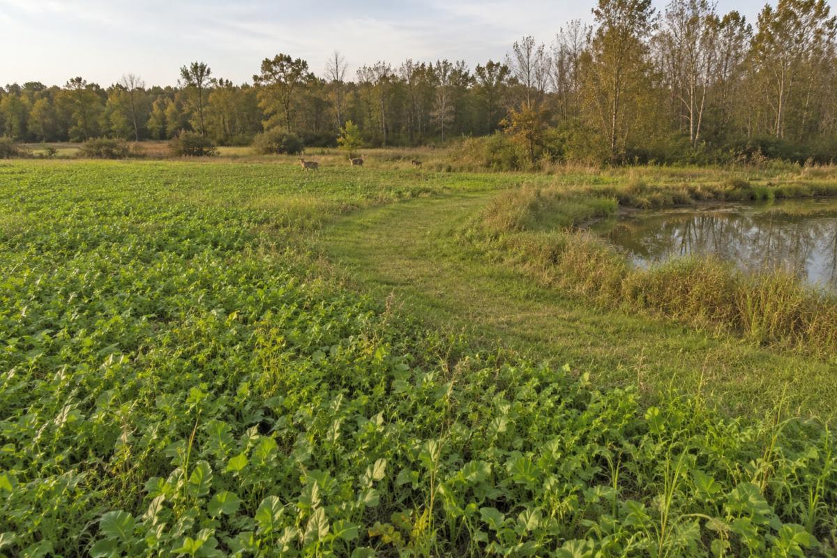 Field with dense green crops, a grassy path, and a small pond on the right; several deer grazing near the tree line in the distance.