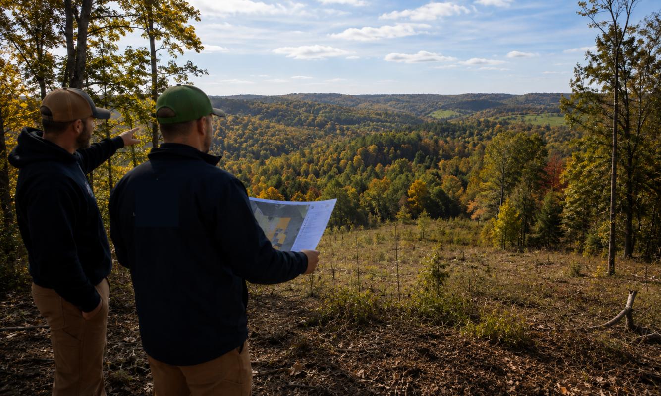 Two people in outdoor gear stand on a hillside, one pointing toward a valley as the other holds a map, with autumn forest below and blue sky above.