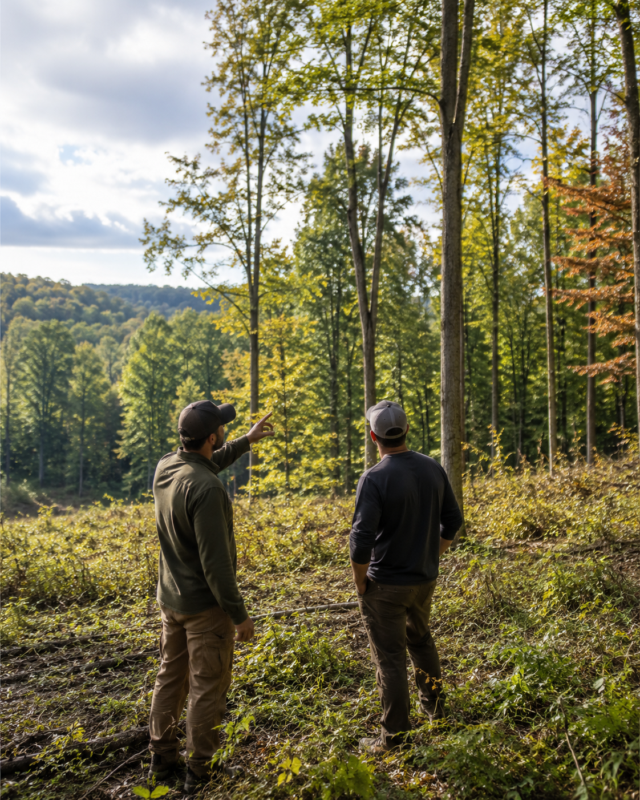Two men in a forest clearing, one pointing toward the tall trees as they discuss the area.