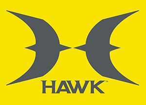 Brand logo with two dark gray crescent shapes forming a hawk and the word HAWK beneath on a bright yellow background