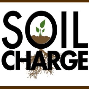 Logo with the words 'SOIL CHARGE'; a sprouting seedling grows from soil inside the O of SOIL, against a white background with a brown border.