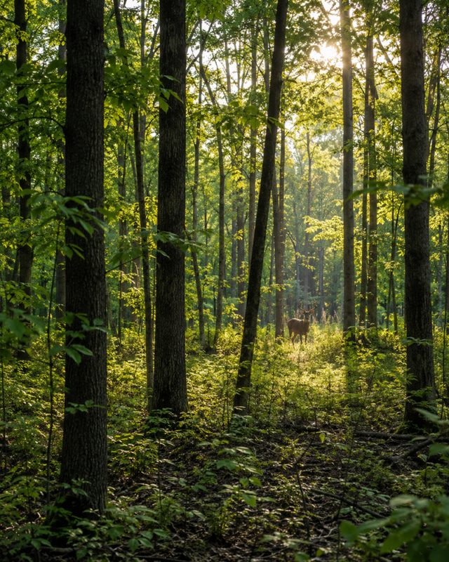 Deer standing in a sunlit forest clearing among tall trees and green undergrowth.