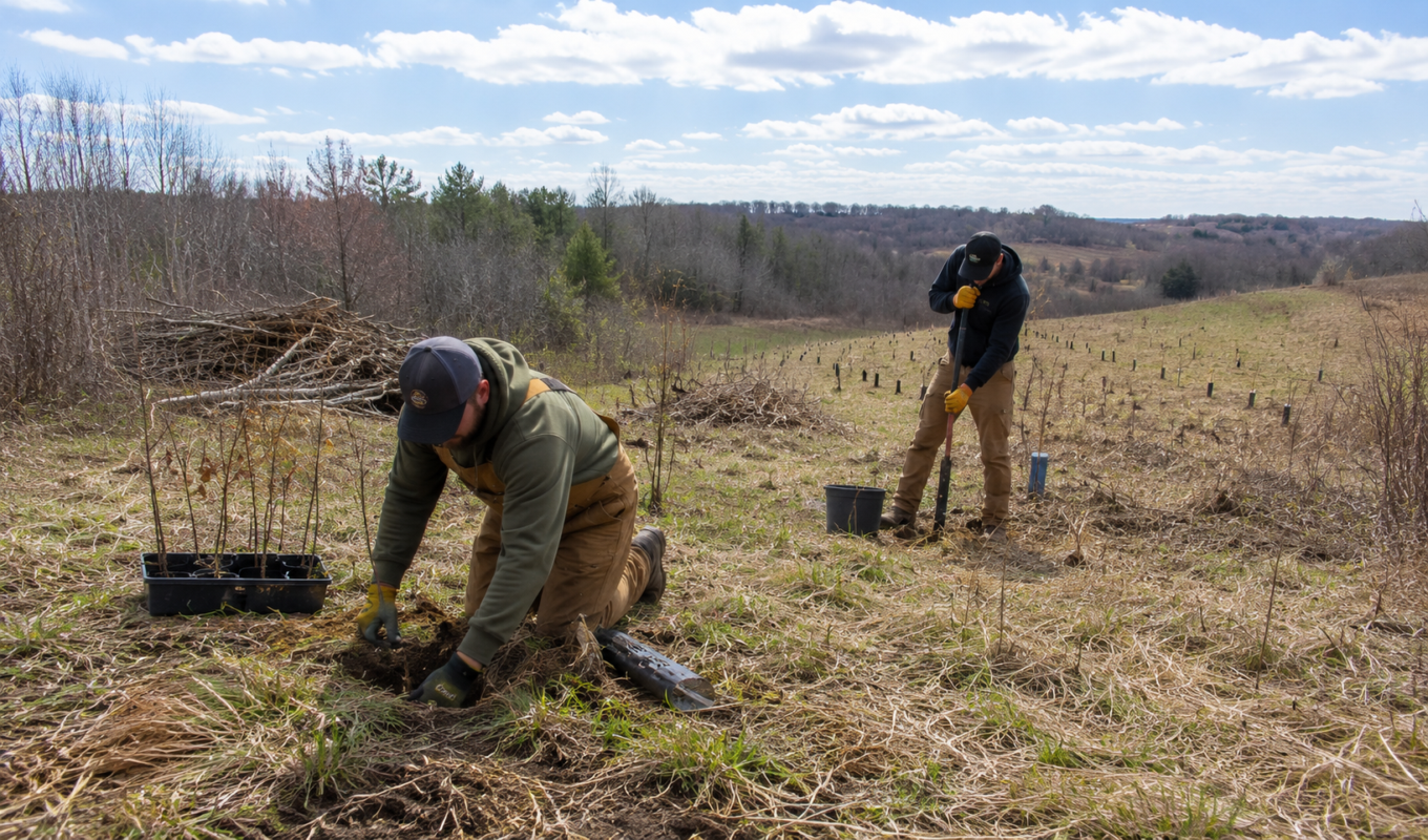 Two workers plant saplings in an open field; one kneels to dig while the other uses a tool nearby, with a tray of young trees beside them.